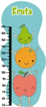 Segundo vaso medidor con escala del 50 al 170 y personajes alimento etiquetados 'Proteínas' (bolitas de chocolate/fríjol).