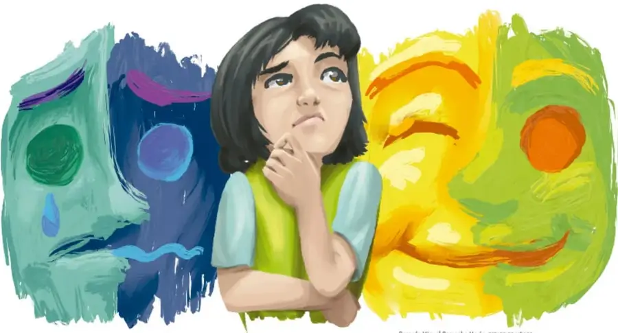 Ilustración de una niña pensativa con el dedo en la barbilla, enmarcada por rostros pintados en tonos verde, azul, amarillo y naranja que representan emociones.