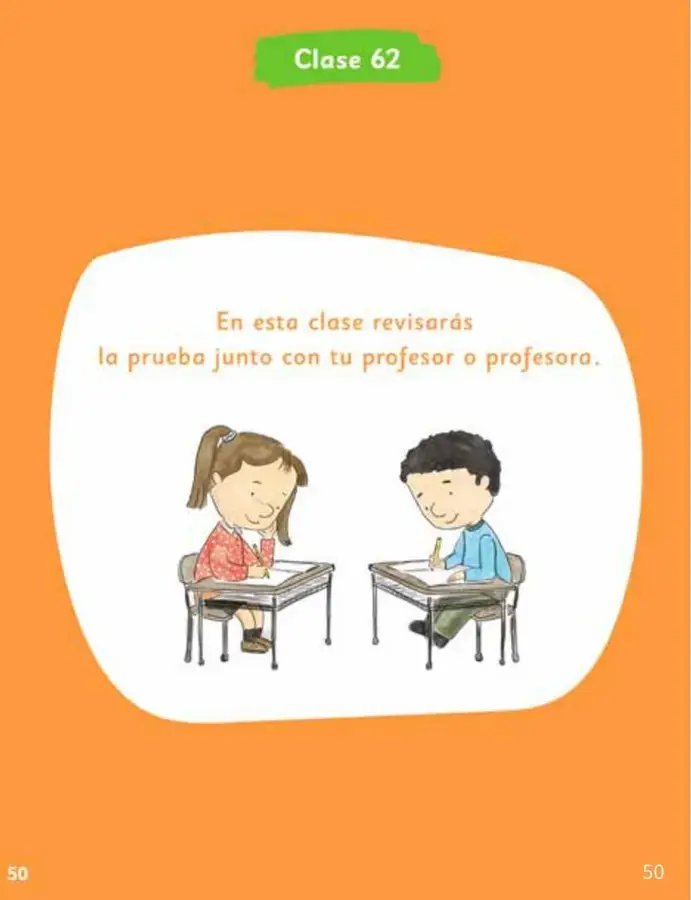 Ilustración de dos estudiantes sentados en sus pupitres escribiendo, con la indicación de que en esta clase se revisará la prueba junto al profesor o profesora.