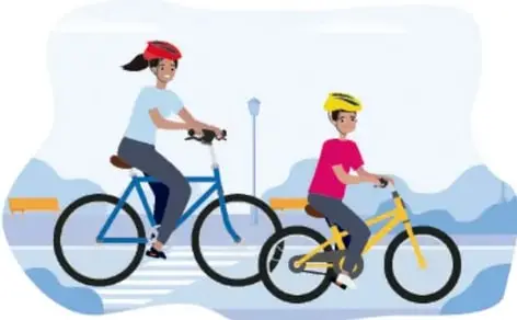 Ilustración de una madre y un niño (Pablo) pedaleando en bicicletas con casco en un carril del parque; crédito: Isar Emmanuel Díaz Rojas, Guanajuato.