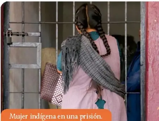 Fotografía de una mujer indígena de espaldas, con trenzas y vestimenta tradicional, detrás de una reja en una prisión.