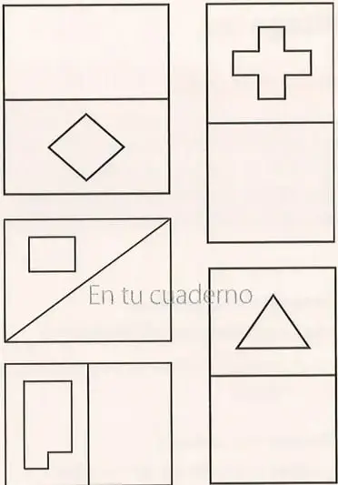 Se muestran cinco figuras divididas por líneas rectas para completar sus imágenes simétricas.