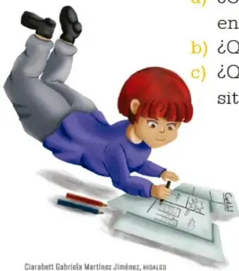 Ilustración de un niño con cabello rojo, acostado boca abajo, dibujando o escribiendo en una hoja sobre el suelo, con lápices de colores cerca.