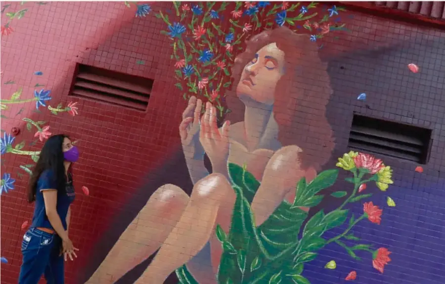 Fotografía de un mural pintado en una pared de ladrillo rojo. Representa una figura humana de cabello rojizo rodeada de flores y hojas verdes y azules. A la izquierda, una persona con cubrebocas observa el mural.