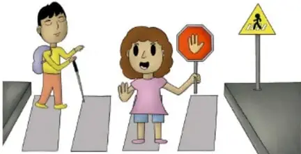 Ilustración de niñas y niños cruzando un paso de peatones con señales de tránsito (alto y cruce peatonal).