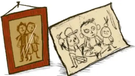 Dos fotografías o dibujos enmarcados colgados con cuerda, uno de dos niños y otro de una familia, junto al crédito 'Cuauhtémoc Wetzka, VERACRUZ'.