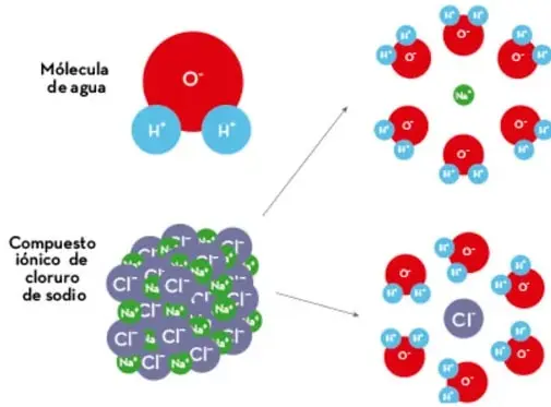 Diagrama de polaridad: molécula de agua con oxígeno parcialmente negativo e hidrógenos parcialmente positivos; abajo, compuesto iónico de cloruro de sodio ($\text{Na}^+$, $\text{Cl}^-$) siendo rodeado por moléculas de agua.