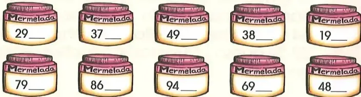 Diez frascos de mermelada muestran números para completar con sus sucesores.