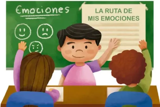Estudiantes frente a un pizarrón con el cartel "LA RUTA DE MIS EMOCIONES" y caritas de emociones.