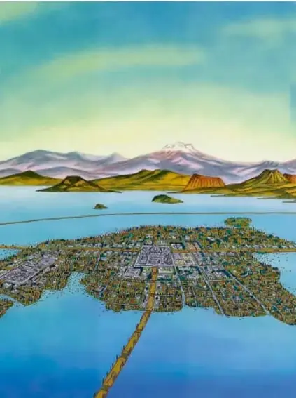 Ilustración de una ciudad isleña con pirámides y canales sobre un lago, rodeada de montañas y volcanes, que representa Tenochtitlan.