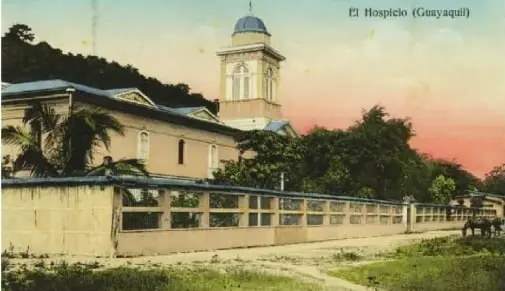Fotografía postal de un hospicio religioso de inicios del siglo XX en Guayaquil, relacionada con la beneficencia y la Iglesia católica.
