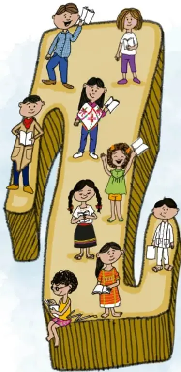 Ilustración de un libro abierto en forma de 'M' con niños y niñas leyendo y sosteniendo libros.