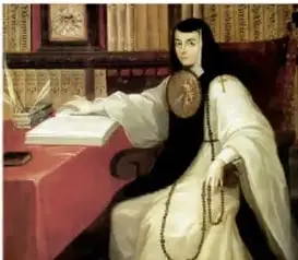Retrato de Sor Juana Inés de la Cruz de pie, con hábito de monja, junto a una mesa con libros, en su escritorio.
