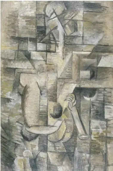 Reproducción de Mujer con mandolina (1910) de Georges Braque: figura femenina fragmentada en planos geométricos en tonos ocres, grises y verdes.
