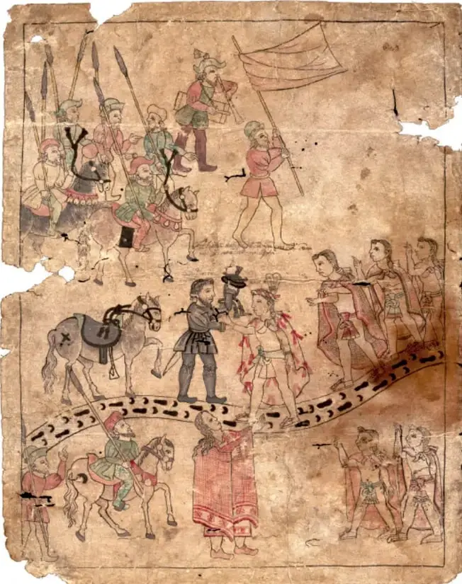 Ilustración estilo códice colonial sobre papel amate: muestra a españoles a caballo con lanzas y estandartes, acompañados de aliados indígenas, avanzando por un camino. En el centro, un español con armadura toma del brazo a un personaje indígena ricamente ataviado, posiblemente Moctezuma. Abajo, más guerreros indígenas y españoles sobre un camino marcado con huellas.