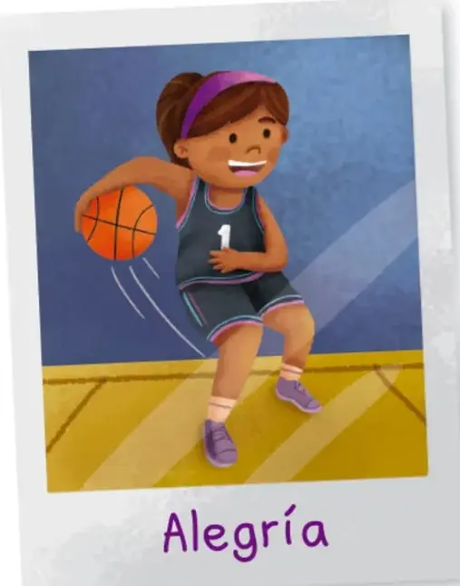 Ilustración de una niña jugando baloncesto con una pelota naranja, vistiendo uniforme azul con el número 1. Debajo, la palabra 'Alegría' en letras moradas.