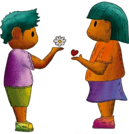 Ilustración de Paco, un niño de tez morena y cabello verde, ofreciendo una flor a una niña con cabello verde que sostiene un corazón rojo.