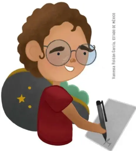 Ilustración de un niño con lentes escribiendo en una hoja, con una mochila y estrellas.