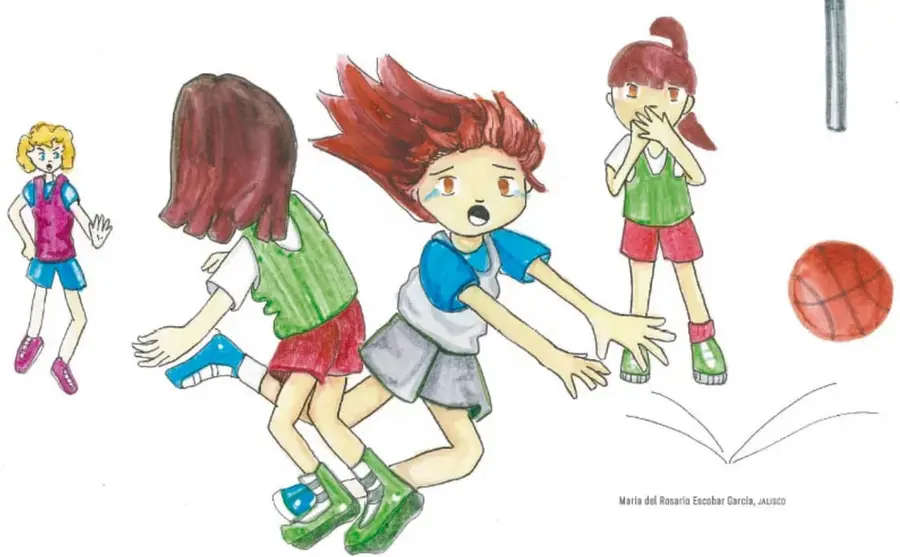 Escena de juego con varias niñas: una lanza un balón, otra observa sorprendida, otra se tapa la boca; hay un aro de básquetbol y un balón.