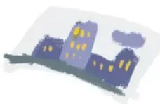Ilustración de una ciudad con edificios morados y ventanas amarillas.