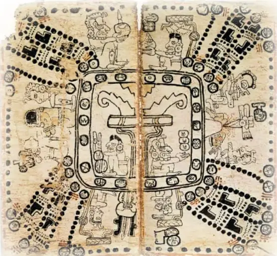 Página de un códice maya con glifos y figuras humanas alrededor de un espacio central dividido en cuatro rumbos, posiblemente representando el cosmos.