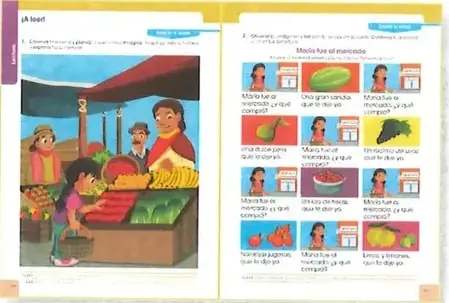 Doble página de un libro de Lengua y Literatura con una ilustración de una niña en un mercado y actividades relacionadas con la lectura.