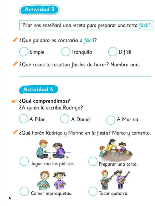 Actividad 4 con la pregunta sobre el destinatario del mail y cuatro imágenes de acciones para marcar.