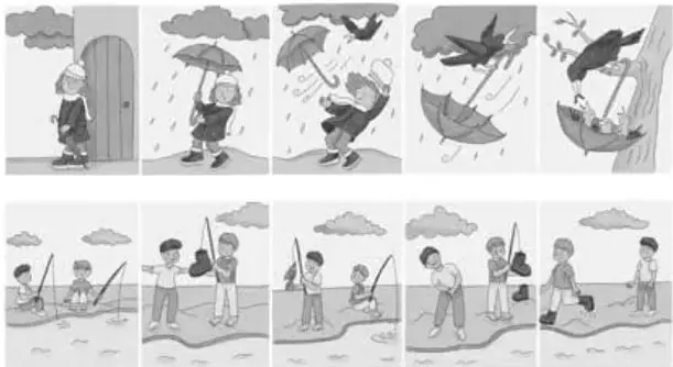 Cuatro recuadros en blanco unidos por flechas para planificar los momentos de la historia.