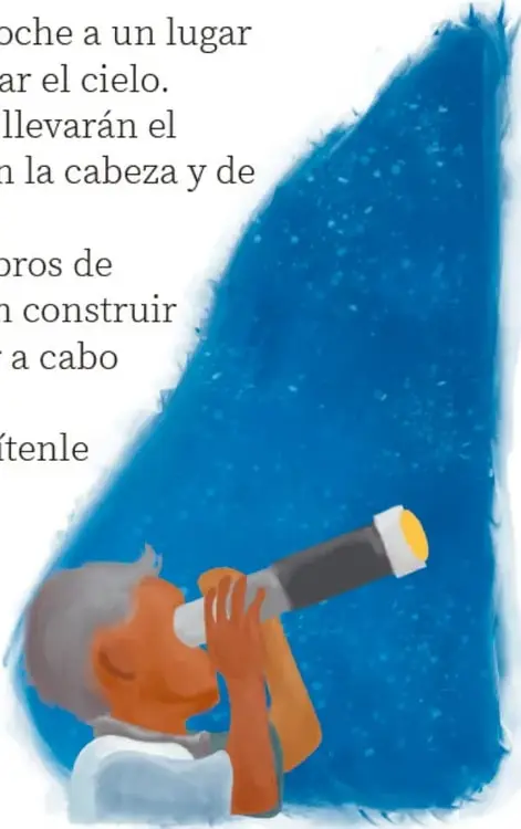 Ilustración de un niño mirando por un telescopio hacia el cielo nocturno estrellado, representado como un cono de color azul intenso. Crédito: Germán Eduardo Colótic Sánchez Torres, Ciudad de México.