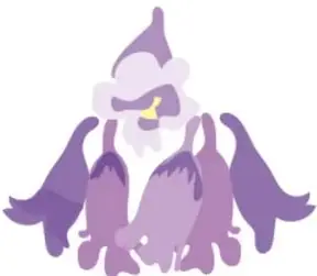 Ilustración del personaje mágico morado con túnicas y gorro, de nuevo en la página.