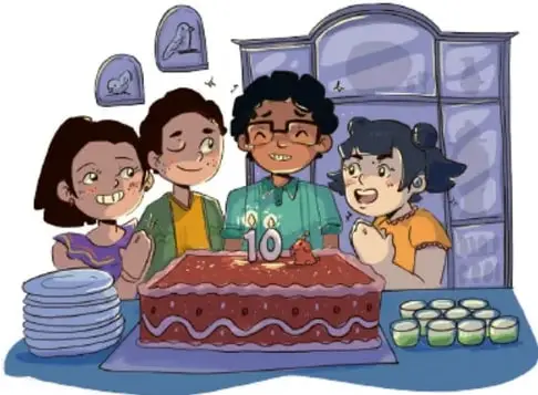 Ilustración de cuatro niños celebrando un cumpleaños frente a un pastel con la velas "1 0", con olla, platos y vasos en la mesa; alusión a la canción "Las mañanitas". Crédito: Brenda Flores Ramírez, PUEBLA.