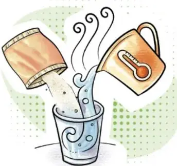 Vertido simultáneo de agua caliente desde un recipiente con termómetro y de levadura seca desde un sobre, hacia un vaso con vapor, representando el vaso 4.