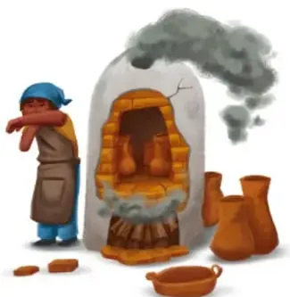 Ilustración de un alfarero tapándose la cara frente a un horno de leña que emite humo negro, con piezas de barro alrededor. Crédito: Mayra Gisela Pedroza Díaz, Aguascalientes.