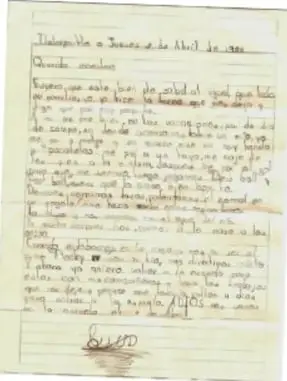 Fotografía de una carta manuscrita sobre papel, con texto en tinta y firma al final.