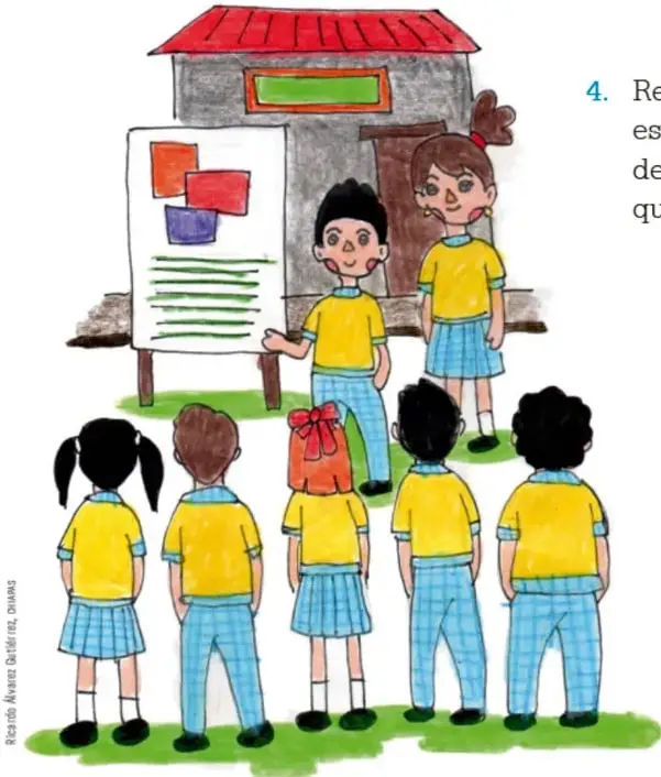 Ilustración de dos estudiantes (niño y niña) frente a un rotafolio con carteles de colores, exponiendo ante cinco compañeros sentados en el patio de la escuela.