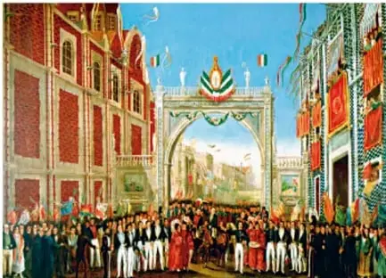Pintura que representa la entrada victoriosa del Ejército Trigarante a la Ciudad de México, con arcos decorados y multitud en la plaza.