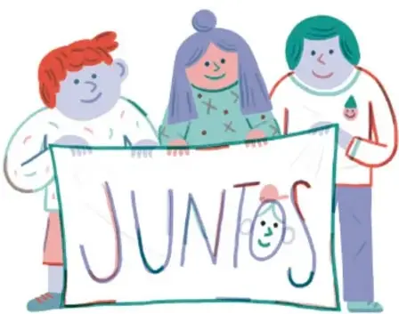 Ilustración de tres estudiantes sonrientes sosteniendo un cartel que dice "JUNTOS".