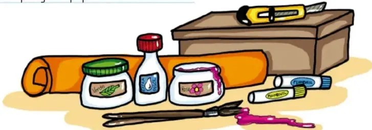 Ilustración de los materiales: pliego de papel enrollado, frascos de pegamento y pintura, cúter, marcadores y caja de zapatos.