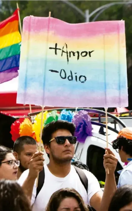 Fotografía de una marcha o manifestación: personas con gafas de sol sostienen una pancarta con loscolores del arcoíris (bandera LGBT) que dice «+Amor −Odio»; se ven flores de colores y una bandera del orgullo al fondo.