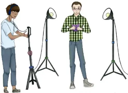 Ilustración de dos jóvenes preparando equipo de iluminación y cámara para grabar; crédito: Ariadna Valencia Ortega, Ciudad de México.