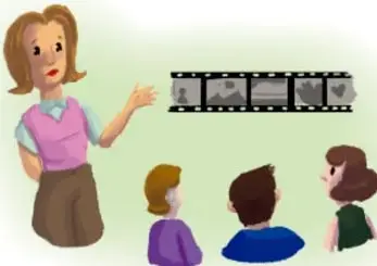 Ilustración de una maestra frente a un grupo de estudiantes con una tira de película, símbolo de teatro o cine.
