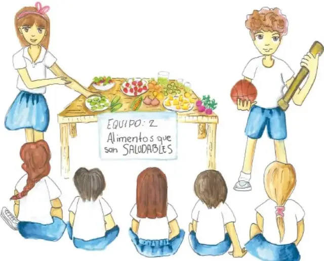 Ilustración a la acuarela: una niña con moño rosa y un niño con balón de basquetbol y bat de beisbol atienden una mesa con platillos saludables, verduras y frutas, con un letrero que dice 'Equipo 2: alimentos que son saludables'; cinco niños con uniforme blanco los observan sentados en el piso. Crédito: María del Rosario Escobar García, Jalisco.