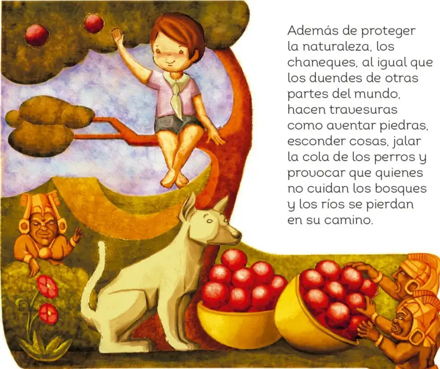 Un niño sentado en la rama de un árbol alcanza frutos rojos; abajo, un perro blanco observa dos chaneques con adornos dorados que cargan jarrones llenos de frutos rojos; a la izquierda asoma un chaneque entre la vegetación con flores rojas.
