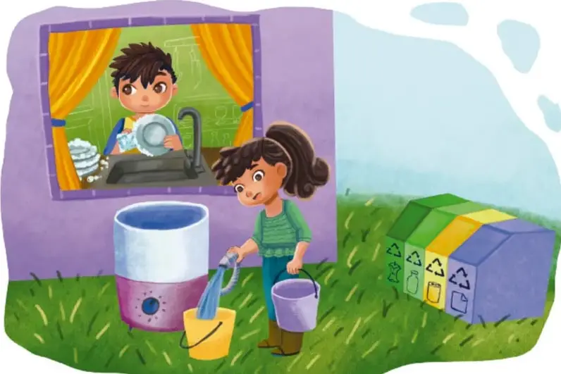 Ilustración: dentro de una ventana un niño lava los trastes; afuera, una niña recoge con cubetas el agua que sale de una lavadora para reutilizarla; a la derecha hay tres contenedores de reciclaje (verde, amarillo, azul) con símbolos de reciclaje, sobre un pastizal.