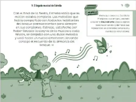 Reproducción de la página 15 del cuento El legado musical de Estrella: párrafo final sobre la misión completa de Estrella y la armonía del bosque, con ilustración de animales del bosque (búho, conejo, mariposa) y notas musicales; recuadro lateral con sugerencias didácticas.