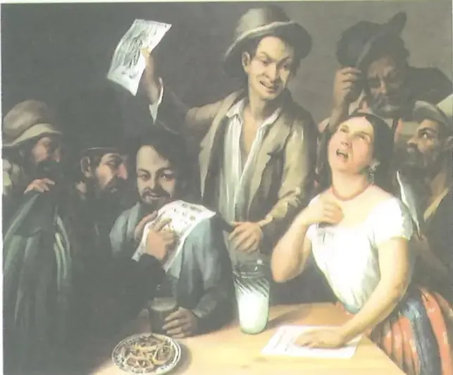 Pintura La Tertulia del Pulque, de 1851, que representa una escena de lectura pública de periódicos y panfletos.