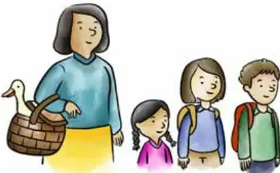 Ilustración de María con delantal amarillo llevando un canasto con la pata Dedé, acompañada de sus tres hijos: Ana, Joaquín y Mónica.