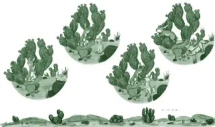 Ilustración en tonos verdes del recurso 'La fábula del zorro y el conejo': viñetas circulares con cactus y paisaje del desierto donde aparecen los personajes.