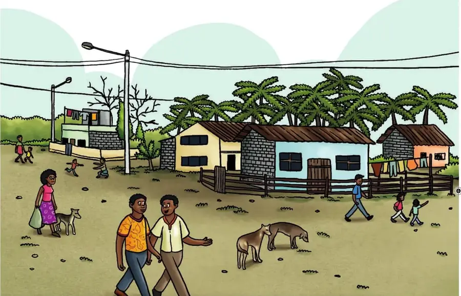 Ilustración de una calle de una comunidad afroecuatoriana con casas, palmeras y personajes: dos hombres saludándose, niñas y mujeres caminando, un burro, y un perro.