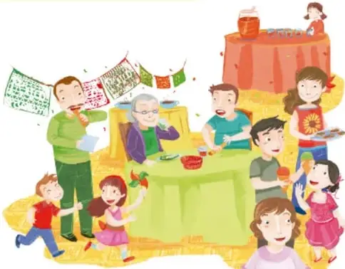 Ilustración de una comunidad reunida: personas de distintas edades comparten alimentos, hay banderines de papel picado, una mesa con comida y un niño con un libro.